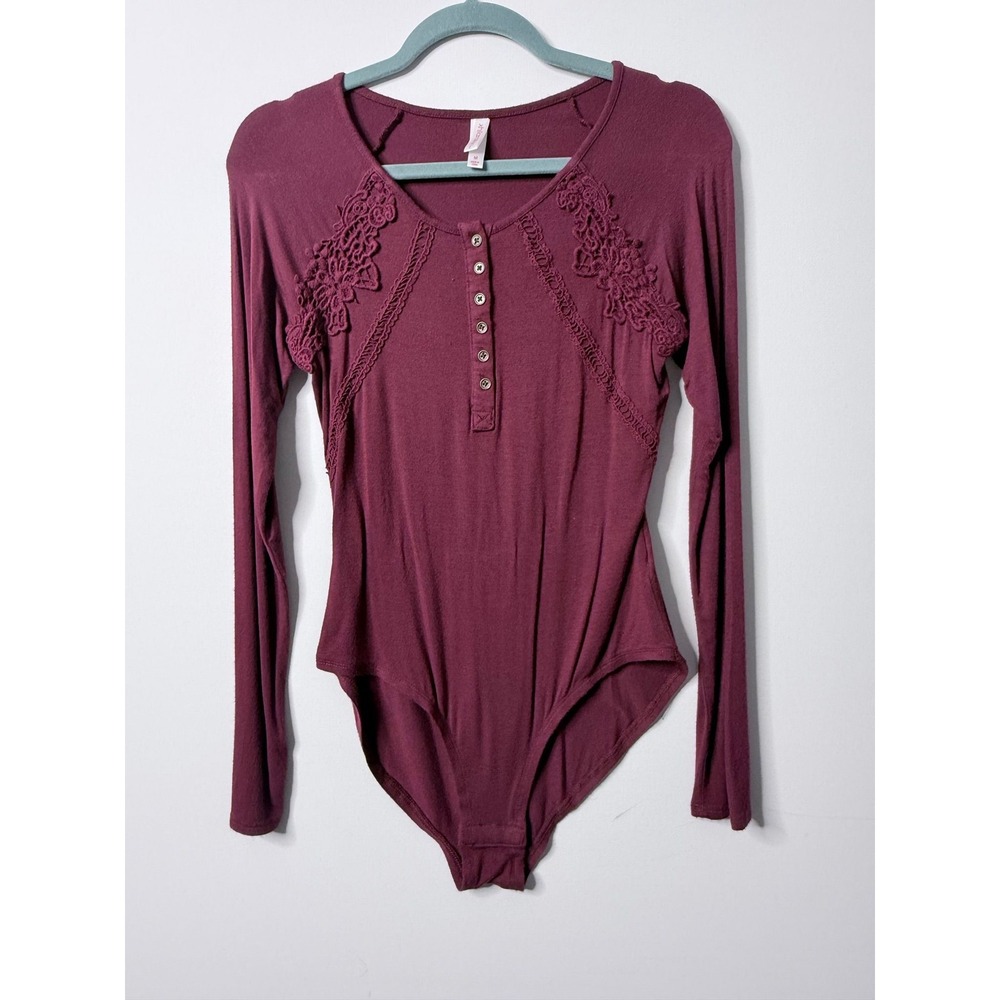 Xhilaration Burgundy Lace Appliqué Henley Bodysuit Medium
